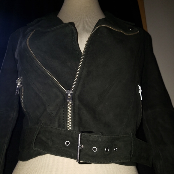 Lucky Brand Dark Green 100% Leather Suede Texture Moto Jacket Small Imperfection - Picture 5 of 10